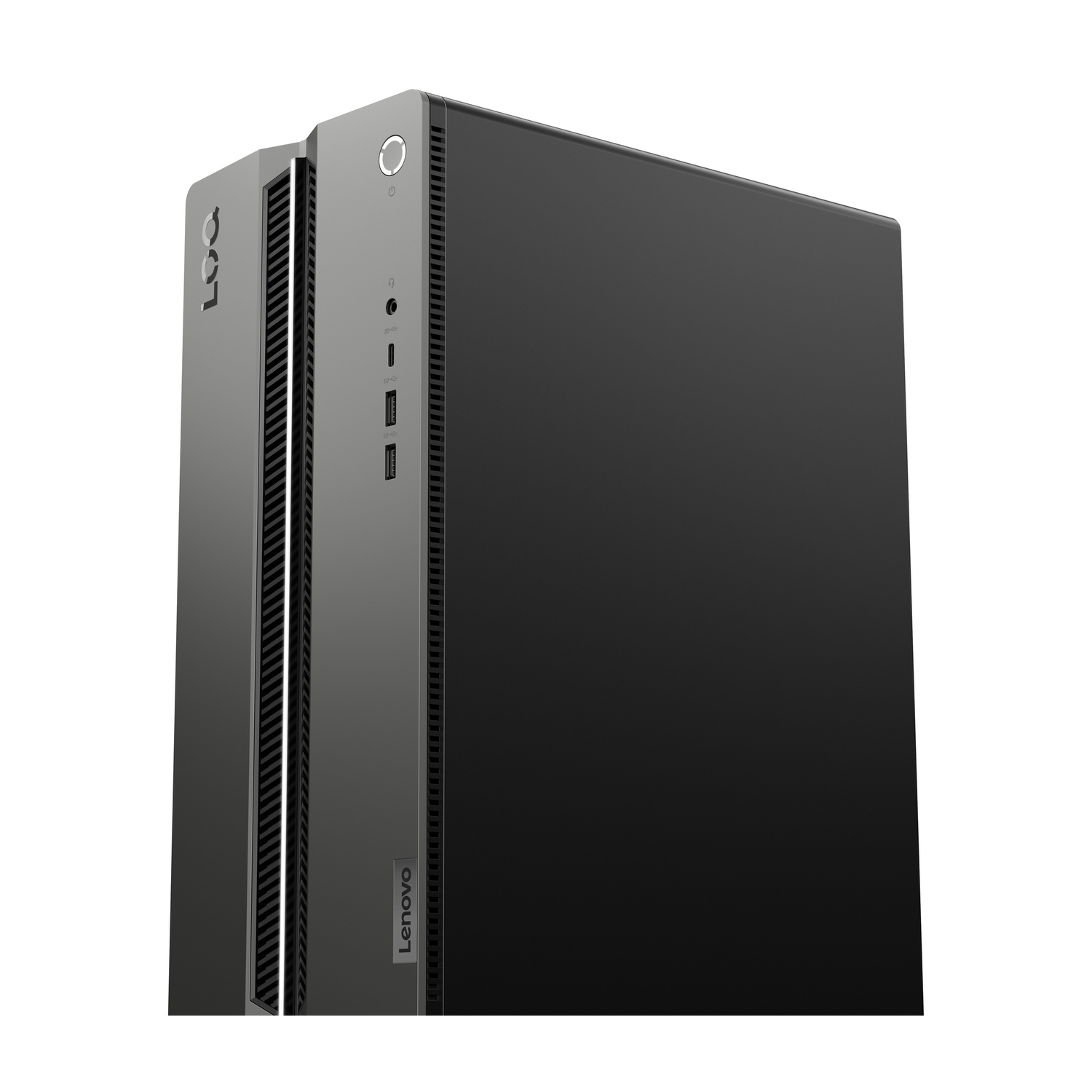 Tower desktop Lenovo LOQ nero con pannello frontale verticale dotato di porte, pulsante di accensione e griglia.