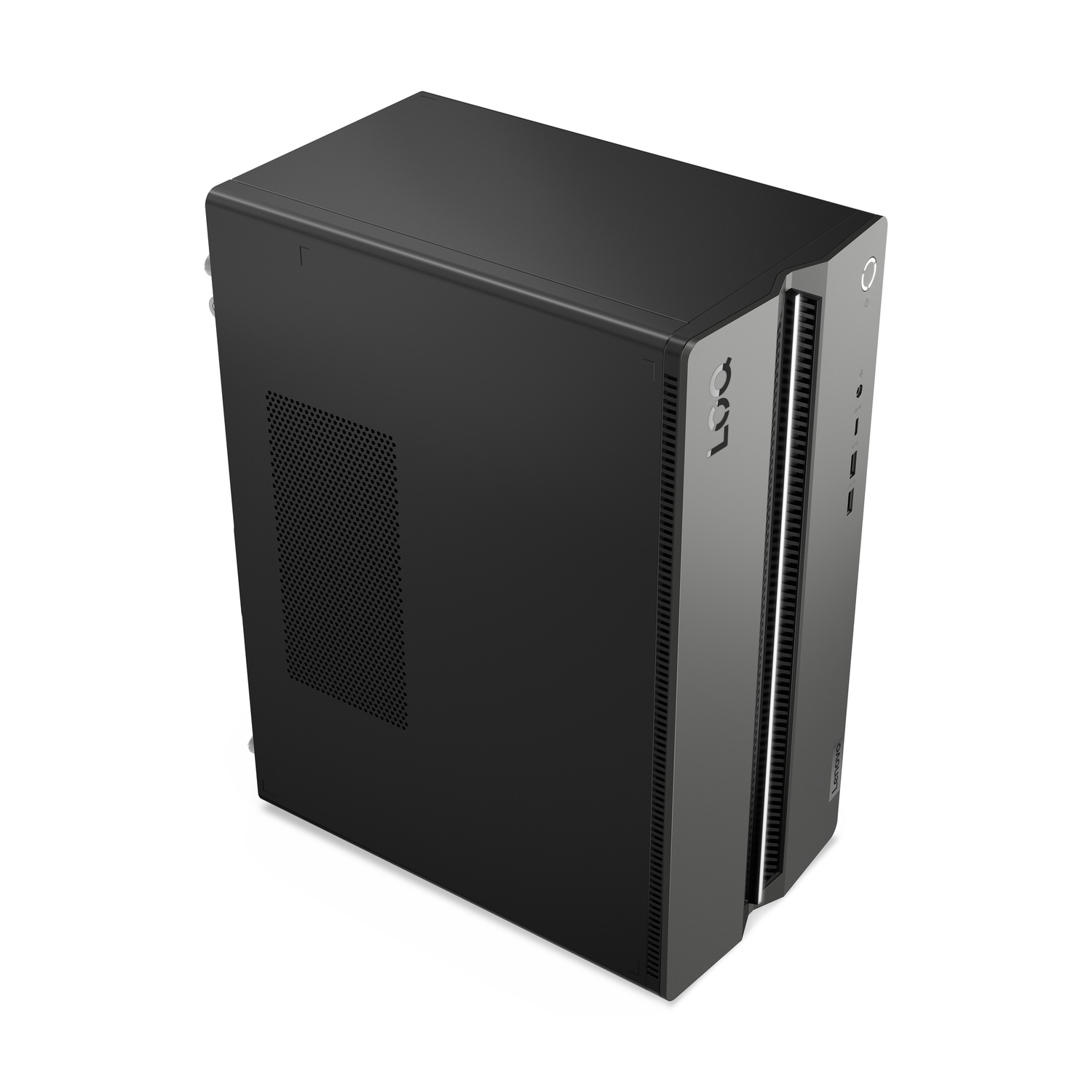 PC desktop Lenovo LOQ nero in formato torre compatta con griglia di ventilazione su superficie bianca.