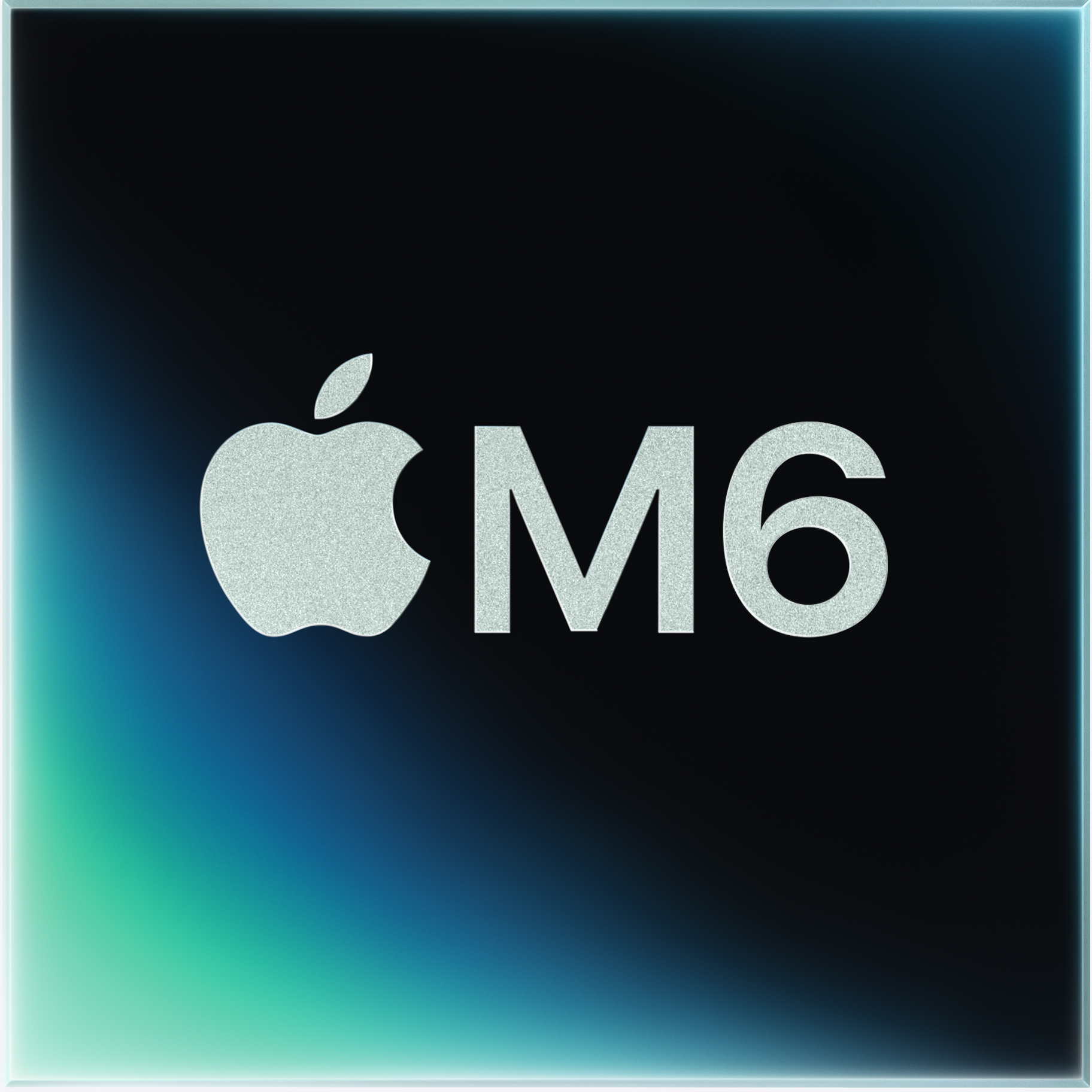 Az Apple logó és az M6 felirat ezüst textúrával sötétkék és türkiz háttéren.