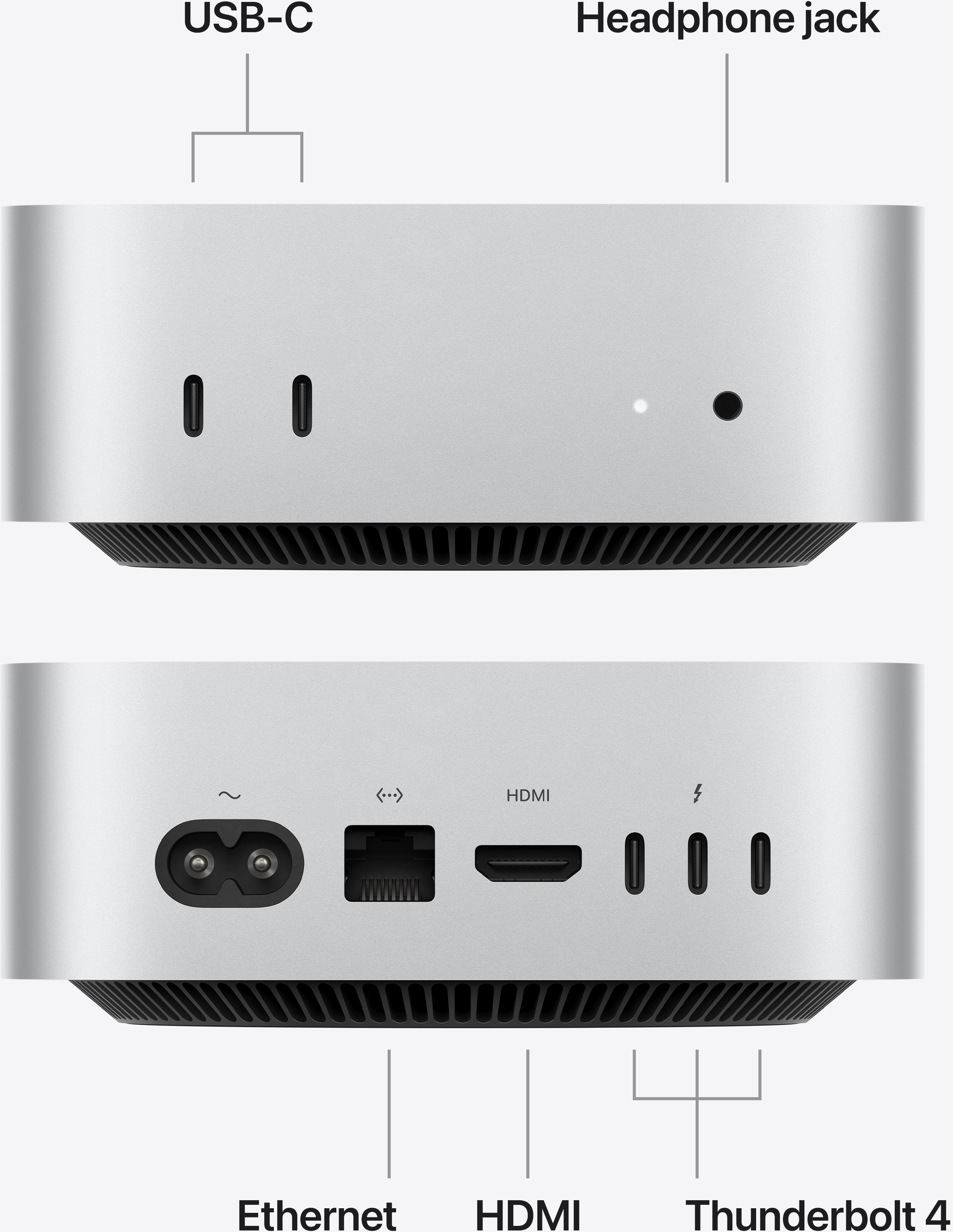 Egy ezüst számítógép elülső és hátsó panelje USB-C, fejhallgató, Ethernet, HDMI és Thunderbolt 4 portokkal.