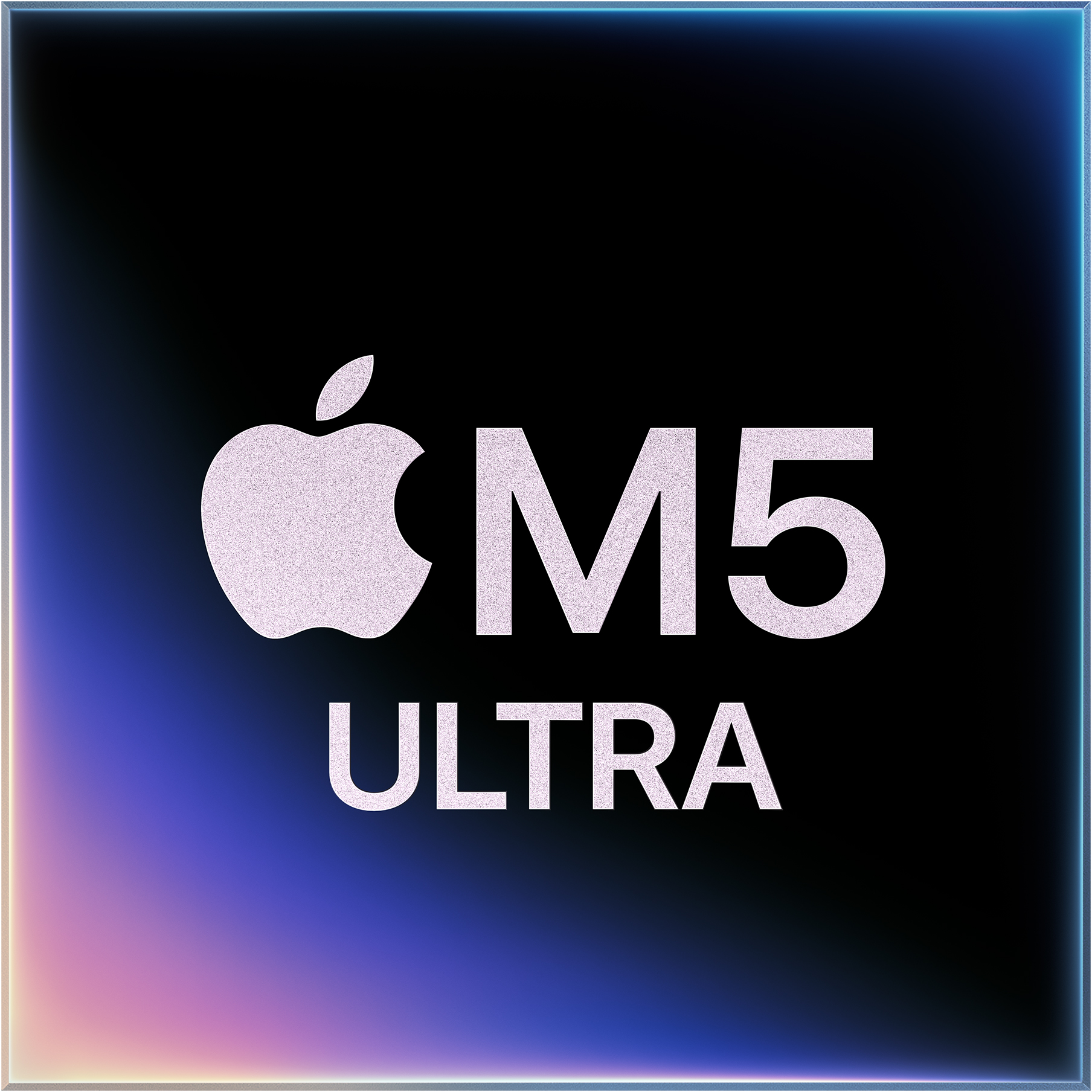 Az Apple logó és az M5 ULTRA szöveg fehér, csillogó betűkkel látható fekete háttér előtt.