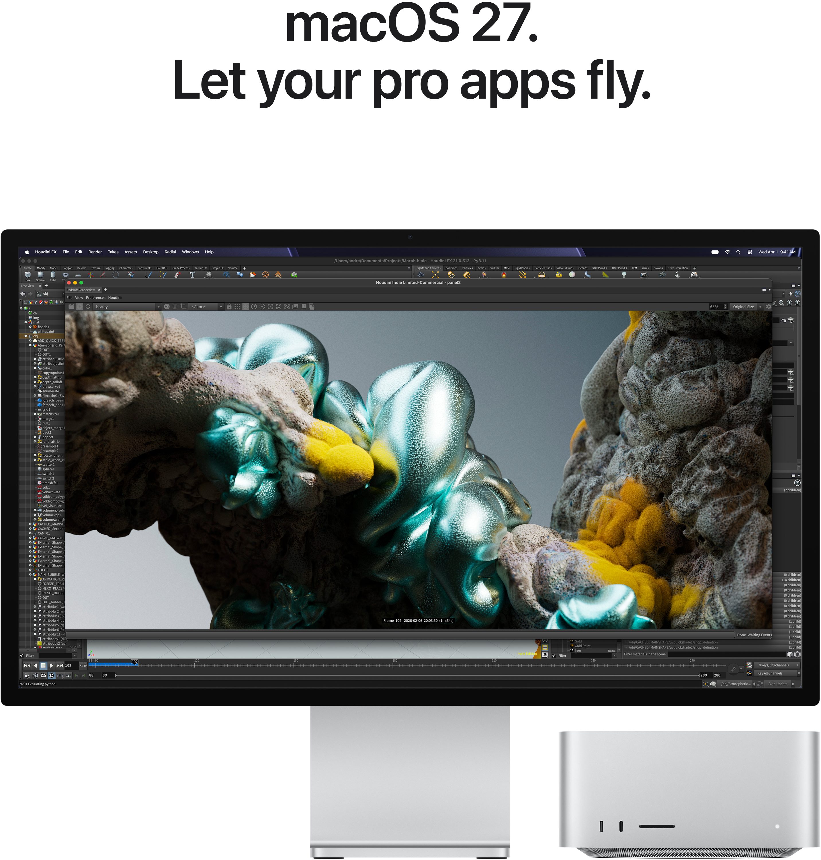 Egy Mac kijelző 3D modellező szoftvert mutat színes organikus formákkal egy Mac Studio mellett.