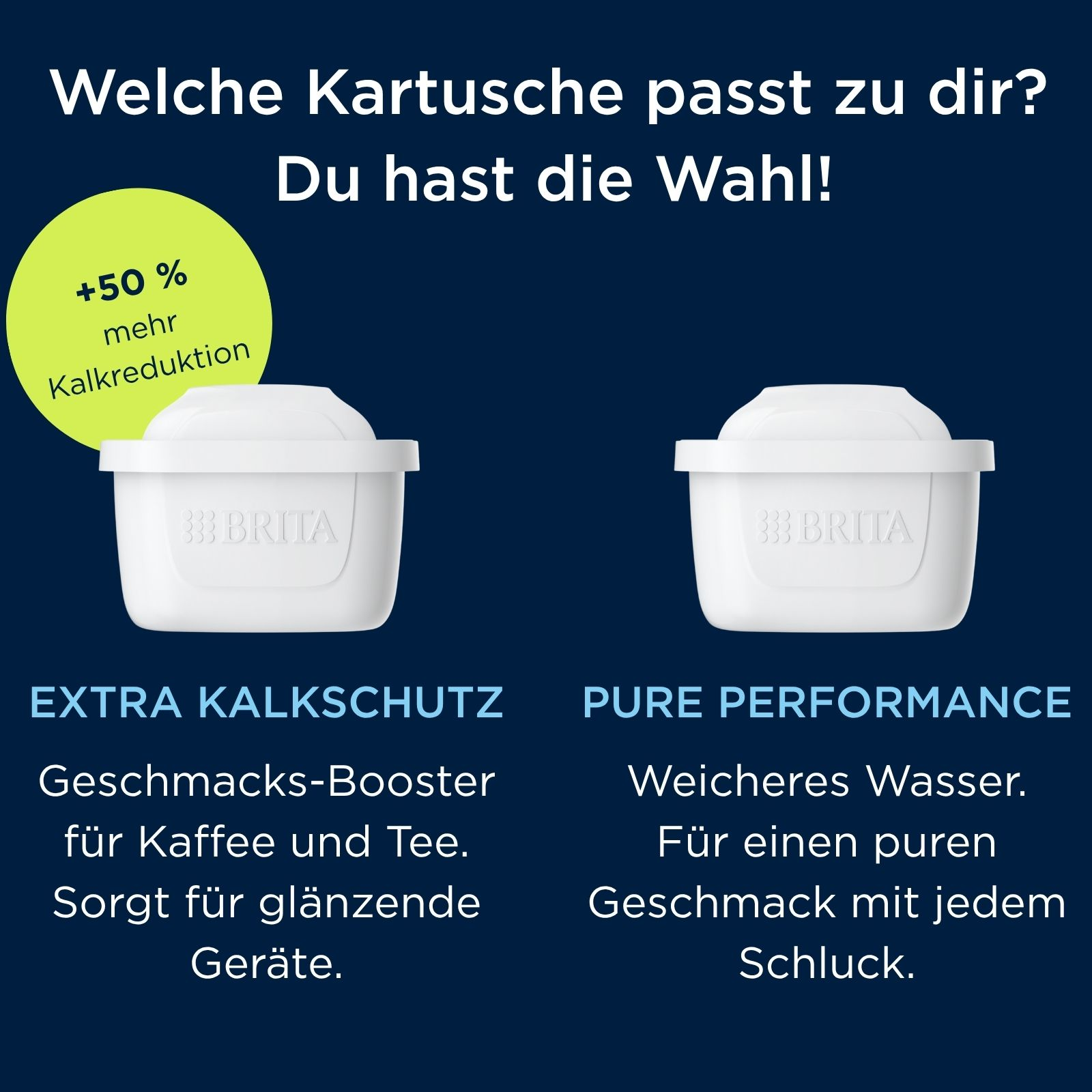 Werbung für zwei Brita-Wasserfilter: Extra Kalkschutz und Pure Performance mit deutscher Beschreibung auf blauem Grund.