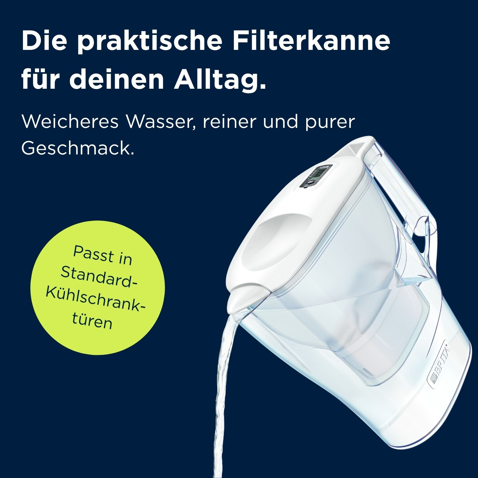 Eine weiße Brita-Filterkanne auf blauem Hintergrund gießt Wasser aus, mit Text auf Deutsch.