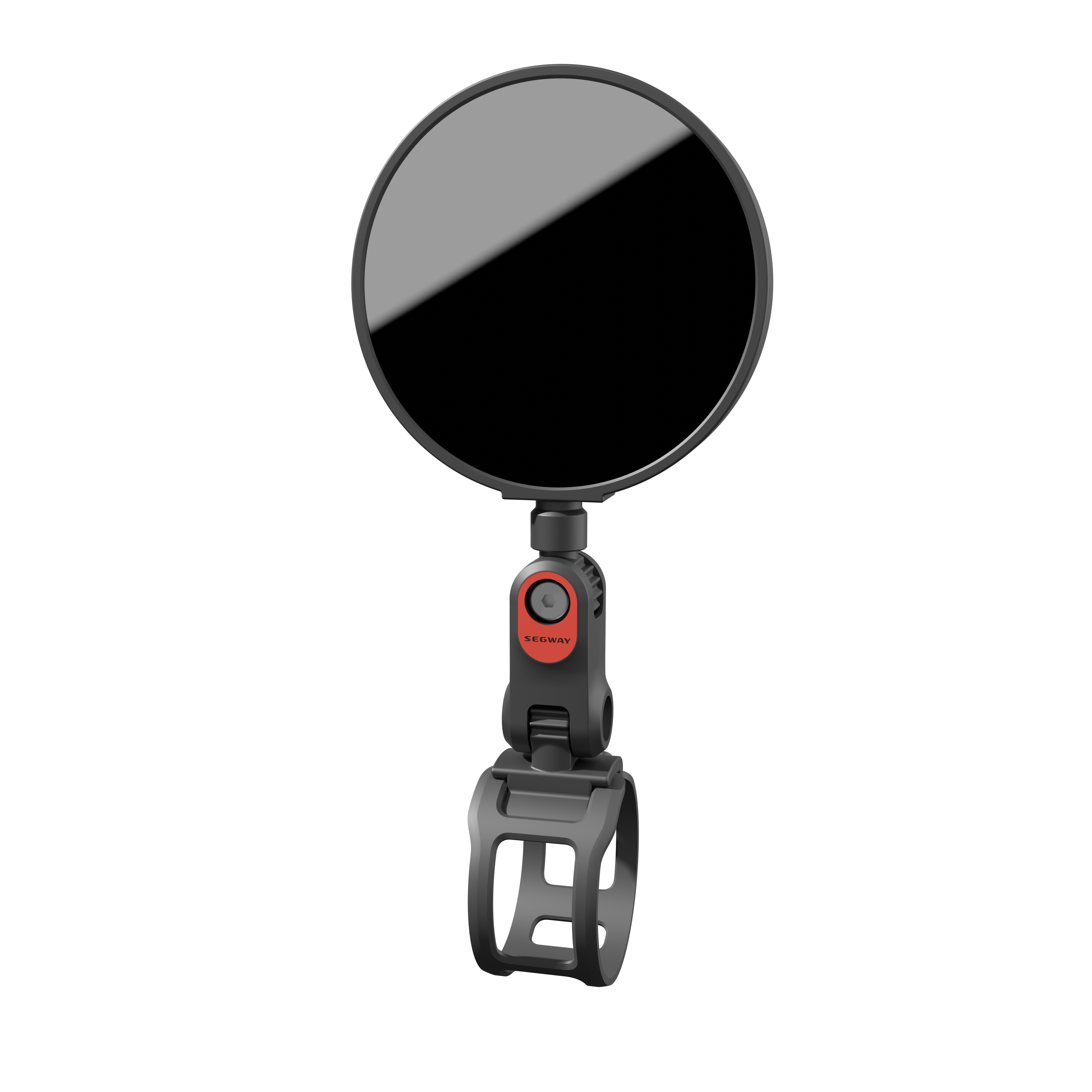Siyah arka plan üzerinde ayarlanabilir eklemli ve gidon montajlı siyah bir Segway dikiz aynası.