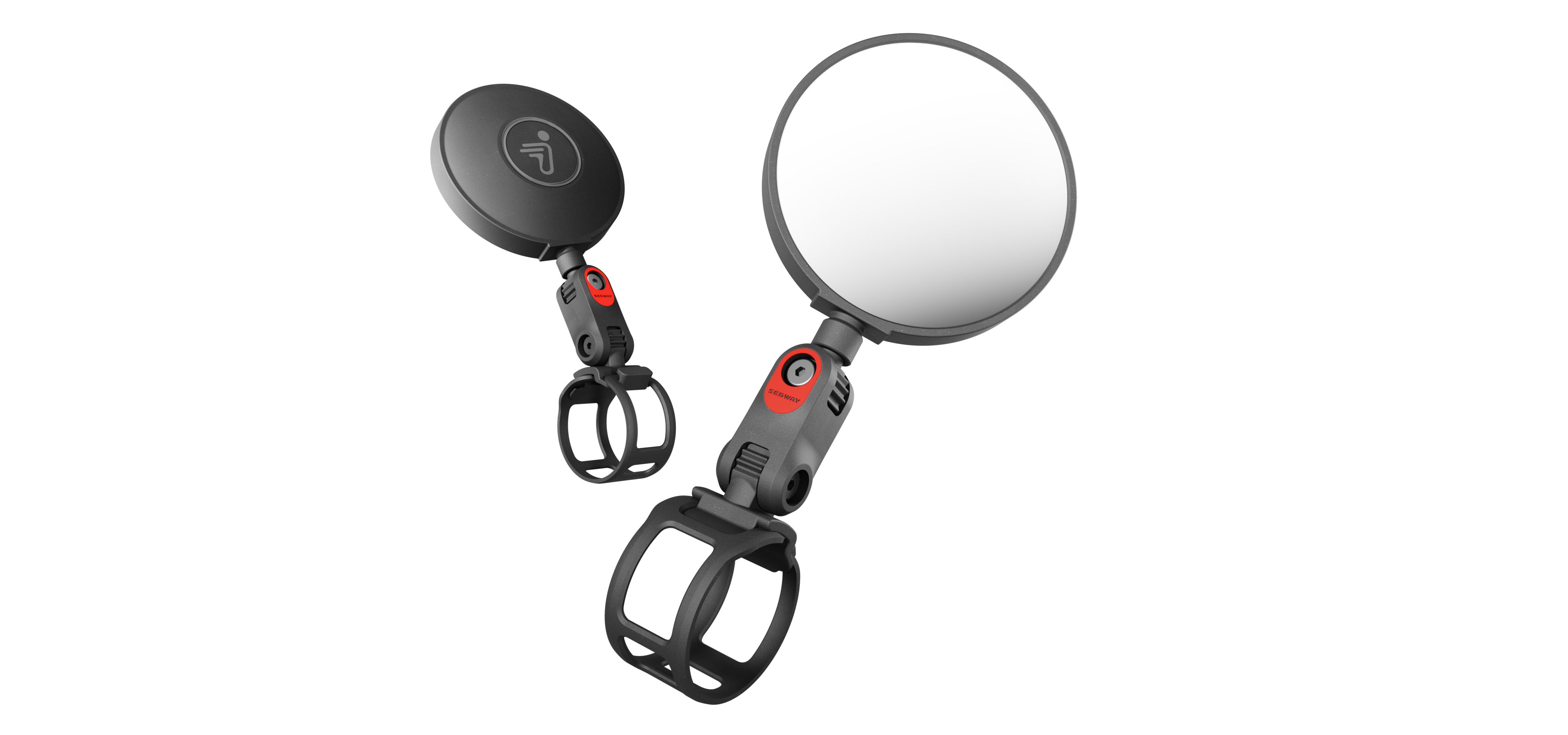 Siyah arka planda bağlantı parçaları olan iki siyah Segway dikiz aynası.