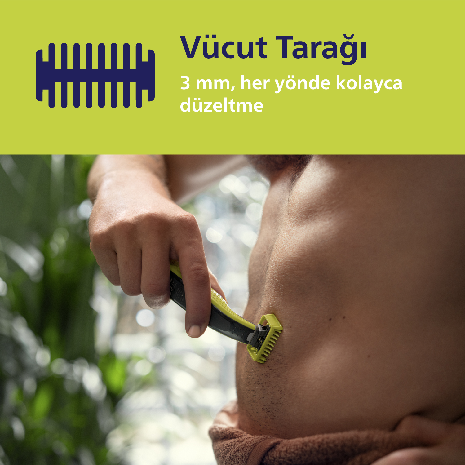 Bir erkek, yeşil renkli düzeltici ile karnını tıraş ediyor, üstte yazı var.