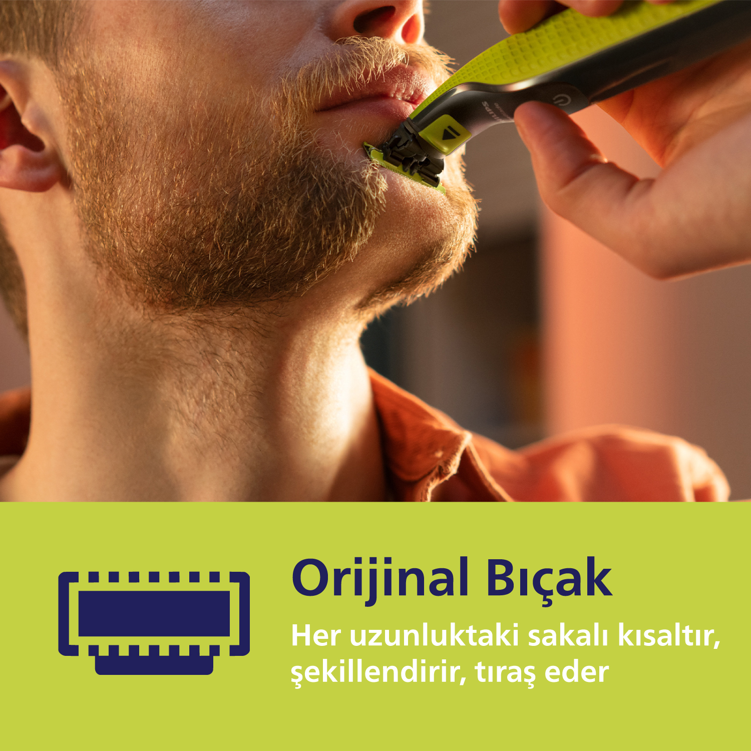 Bir adam limon yeşili tıraş makinesiyle sakalını kesiyor. Altta metin ve simge içeren yeşil bir şerit.