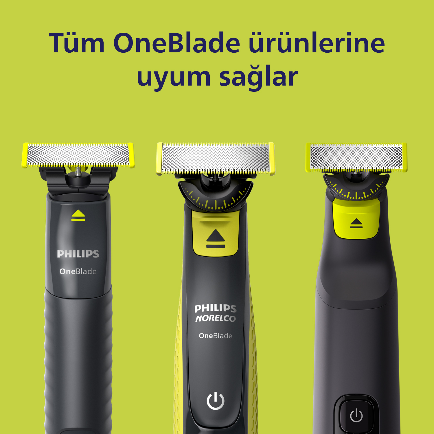Türkçe yazılı limon yeşili arka plan önünde siyah ve limon yeşili saplı üç Philips OneBlade tıraş makinesi.