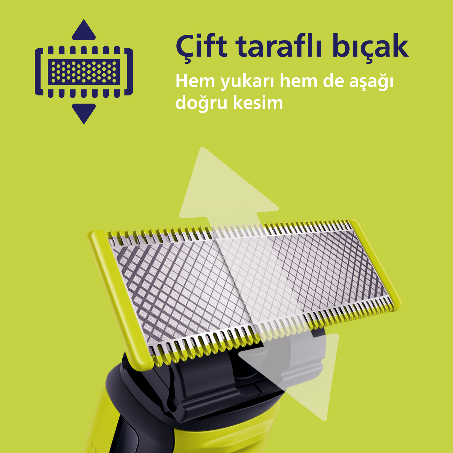 Yeşil arkaplanda yukarı ve aşağı kesimi gösteren oklarla çift taraflı bıçak.