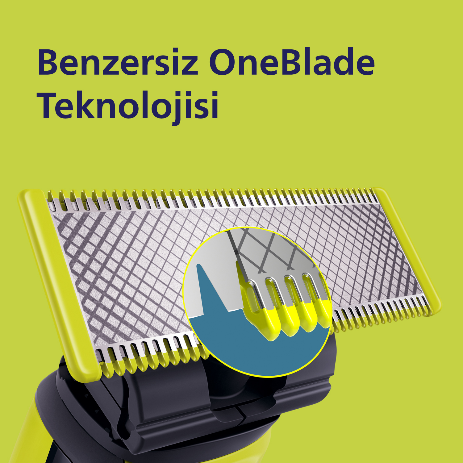 Yeşil arkaplan üzerinde OneBlade tıraş bıçağının yakın çekimi, metinli.