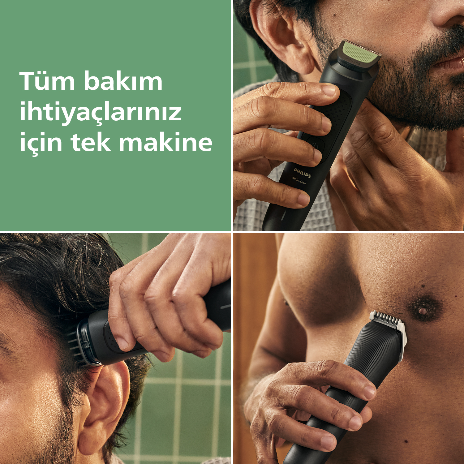 Bir erkeğin sakal, saç ve göğüs kıssarı için siyah Philips tıraş makinesi kullandığını gösteren kolaj.