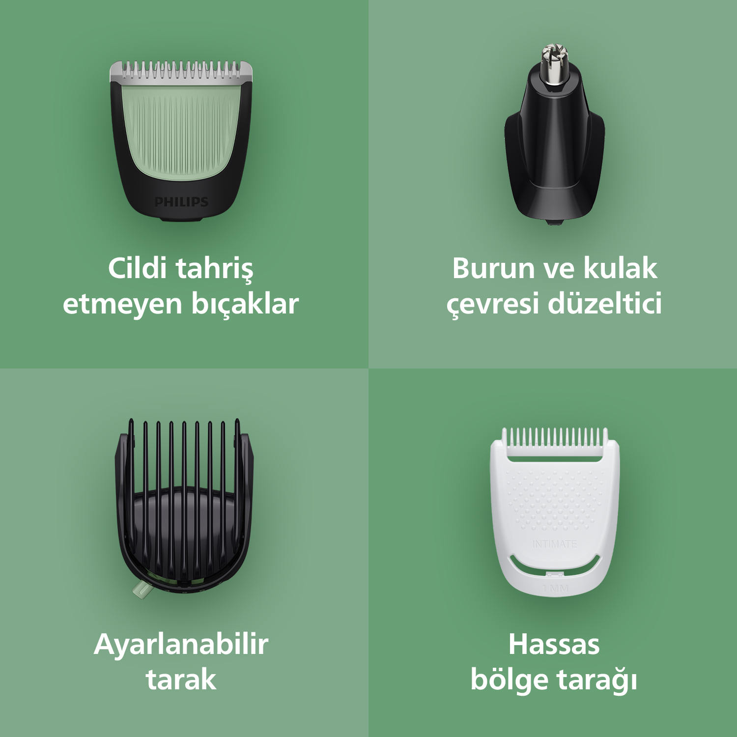 Yeşil arka plan üzerinde metinle birlikte dört Philips başlık ve bıçak.