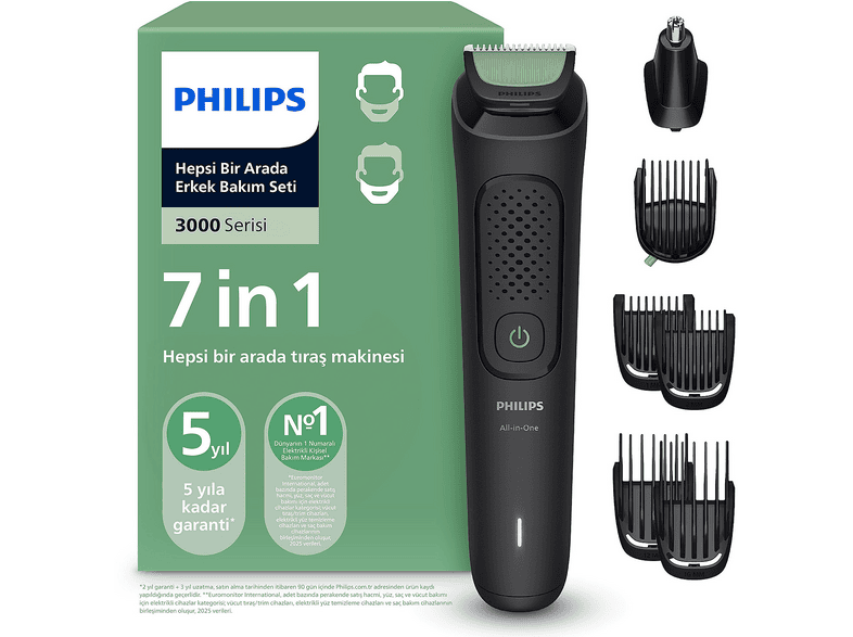 PHILIPS 3000 Serisi 7 in 1, Erkek Bakım Seti, Yüz&Saç Tıraş Makinesi, Cilt Dostu Bıçaklar, MG3930/15