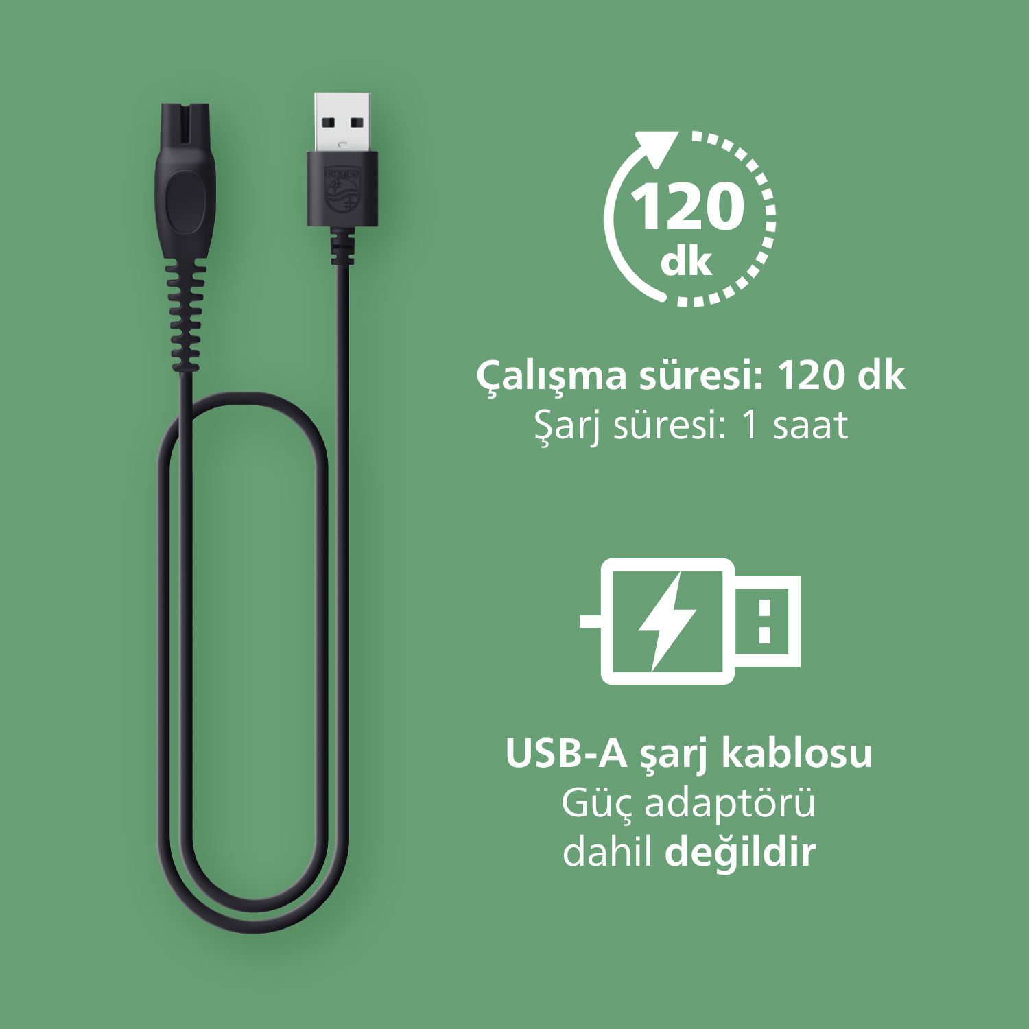 Yeşil arka plan üzerinde 120 dakika çalışma süresi belirten metin ve simgeler içeren siyah USB-A şarj kablosu.