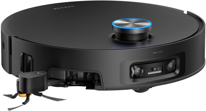 Ein schwarzer Saugroboter mit blauer LiDAR-Kuppel und Stereo-Kamera auf weißem Hintergrund.