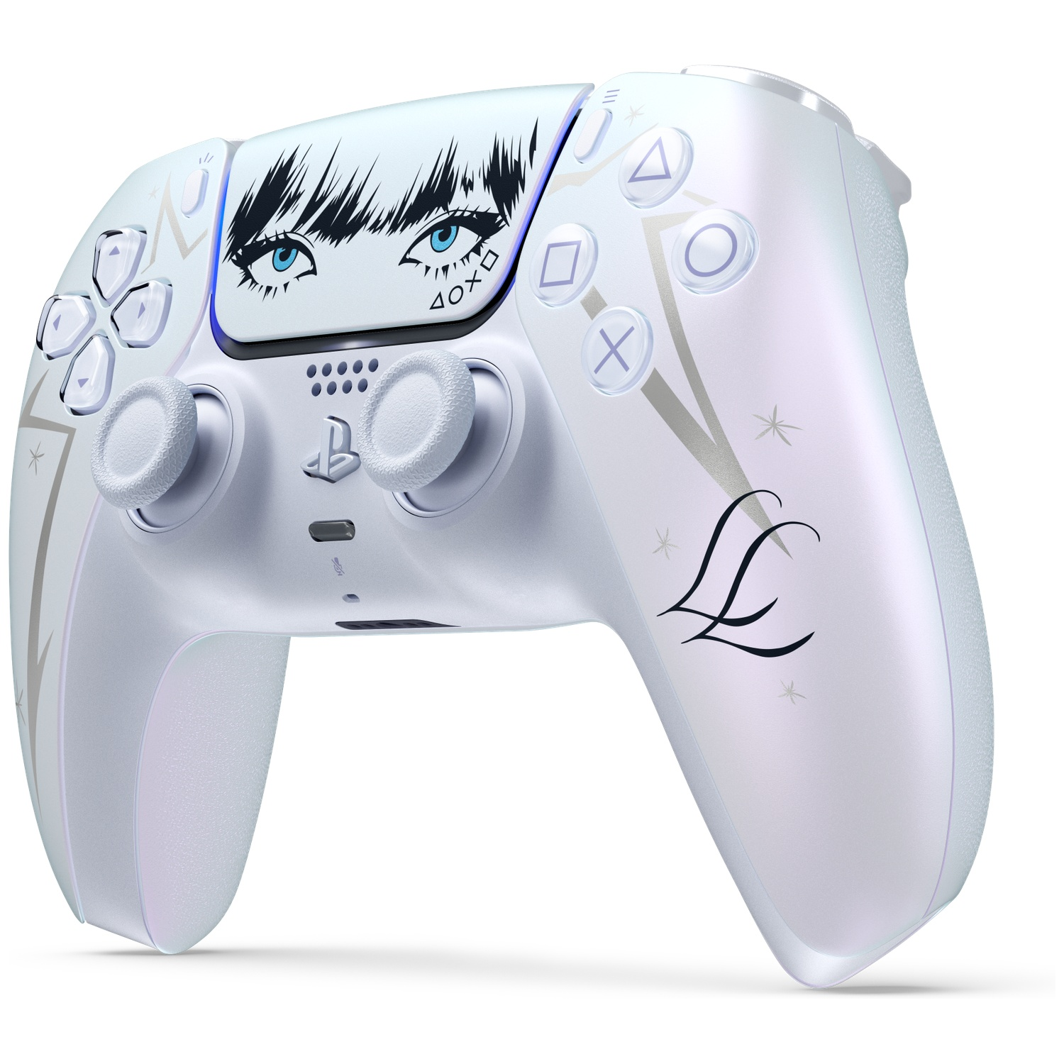 Witte PlayStation 5-controller met anime-ogenkunst en zilveren details.