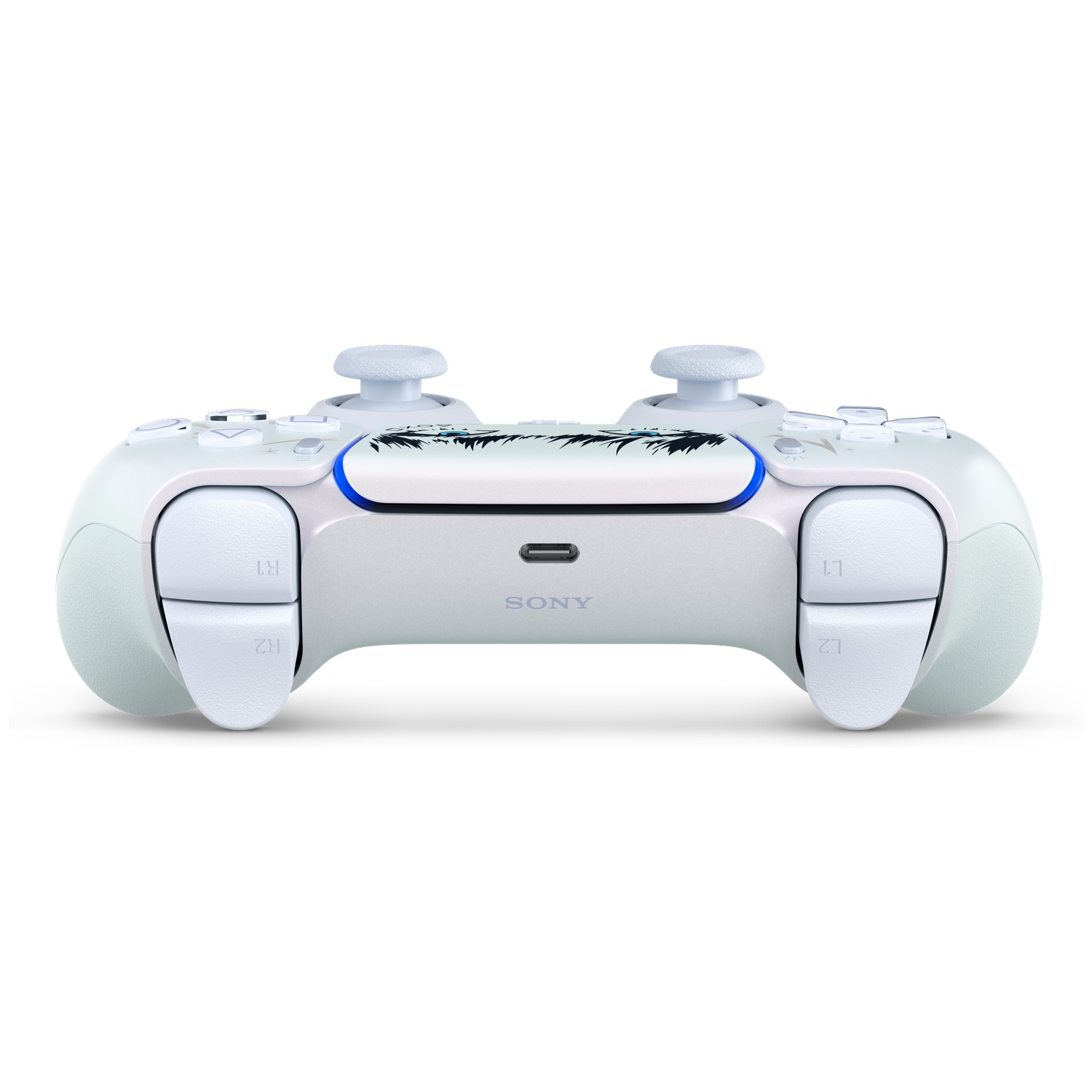 Witte PlayStation 5 DualSense-controller van bovenaf bekeken, met blauwe accenten en triggers.