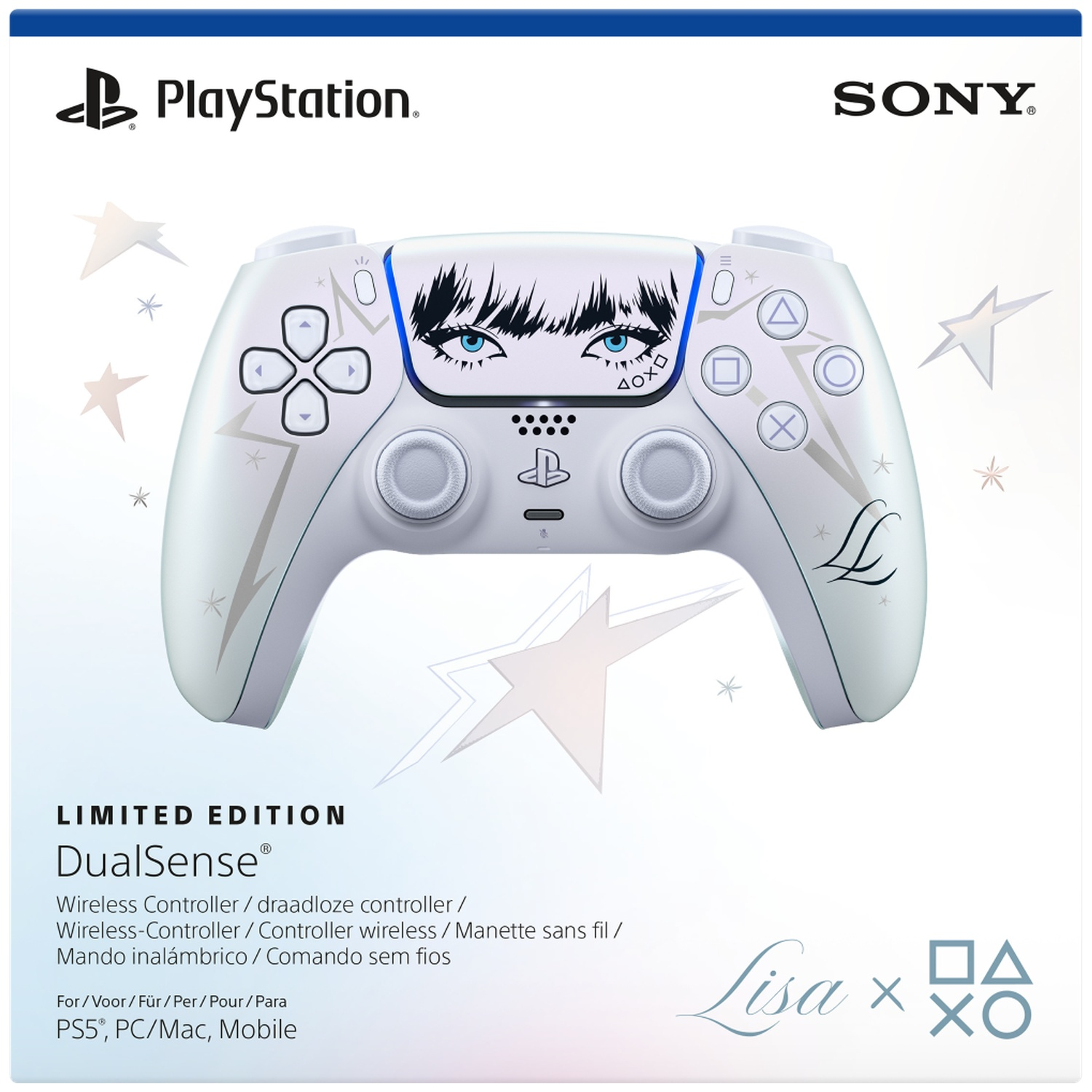 Gelimiteerde editie Lisa x PlayStation DualSense draadloze controller in wit met oogafbeelding en zilveren sterren.
