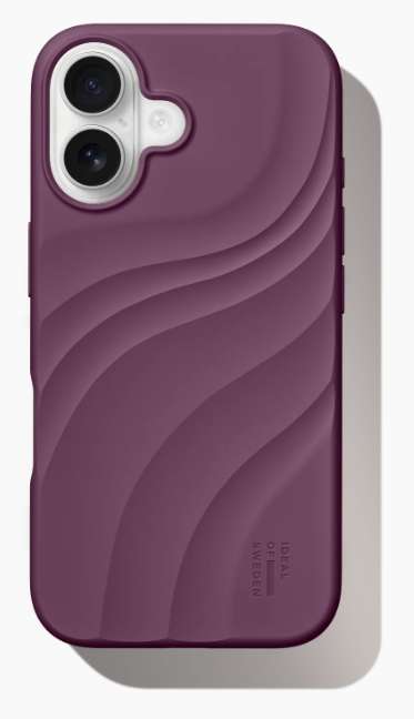 Eine violette Handyhülle mit Wellenmuster und weißer Kamerarahmung.