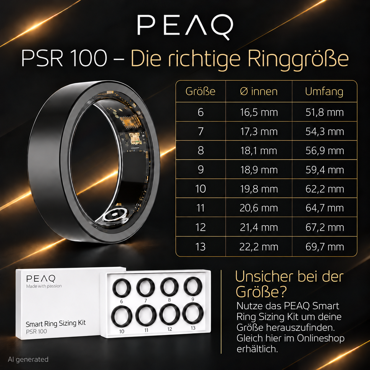 PEAQ PSR 100 Smart Ring Größentabelle und Sizing Kit vor schwarzem Hintergrund.