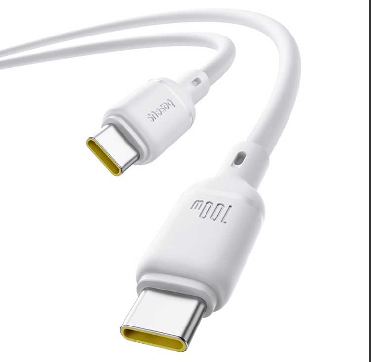 Beyaz arka planda sarı iç detaylara sahip iki adet beyaz USB-C kablosu.