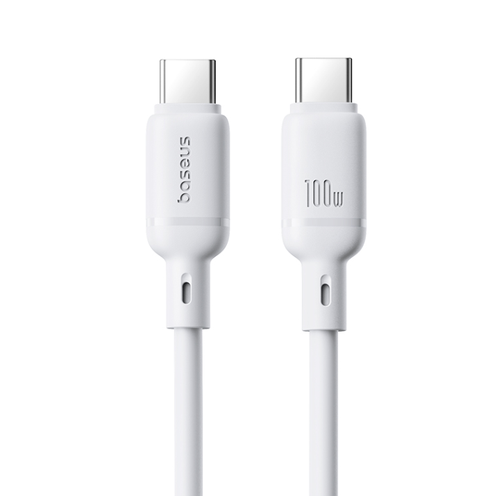 Düz beyaz arka planda iki adet beyaz USB-C kablo konektörü.