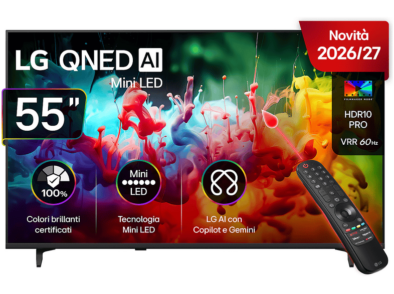 LG QNED MiniLED 55QNED70B6C TV MINI LED, SMART TV, 55 ", Mini Processore a7 AI 4K Gen9, Charcoal Black, Classe E