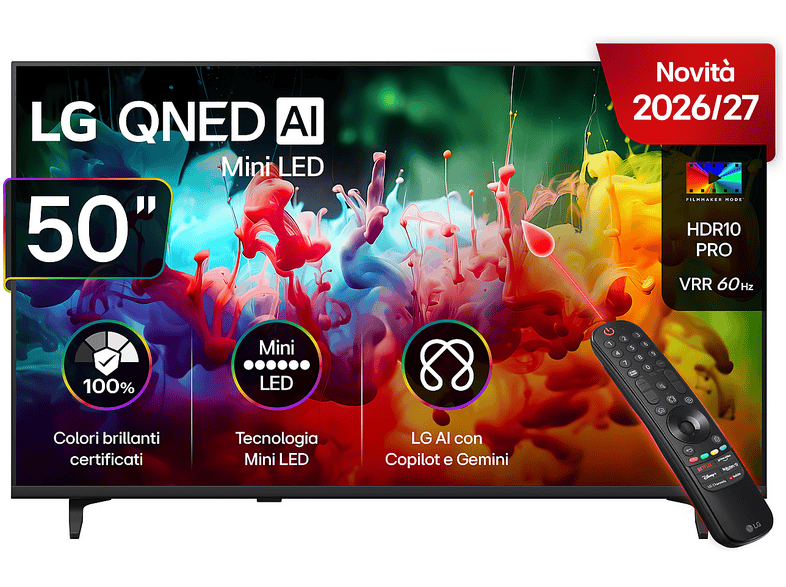 LG QNED MiniLED 50QNED70B6C TV MINI LED, SMART TV, 50 ", QLED, Processore a7 AI 4K Gen9, Charcoal Black, Classe F