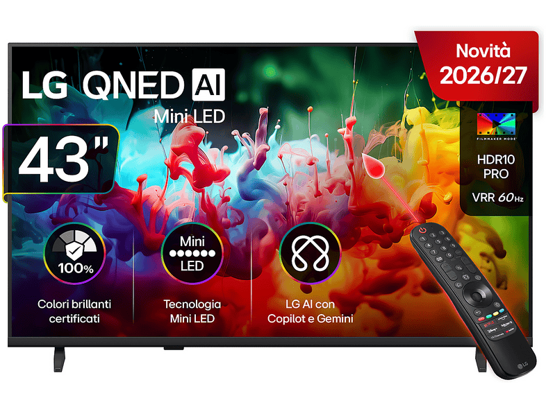 LG QNED MiniLED 43QNED70B6C TV MINI LED, SMART TV, 43 ", Mini Processore a7 AI 4K Gen9, Charcoal Black, Classe F