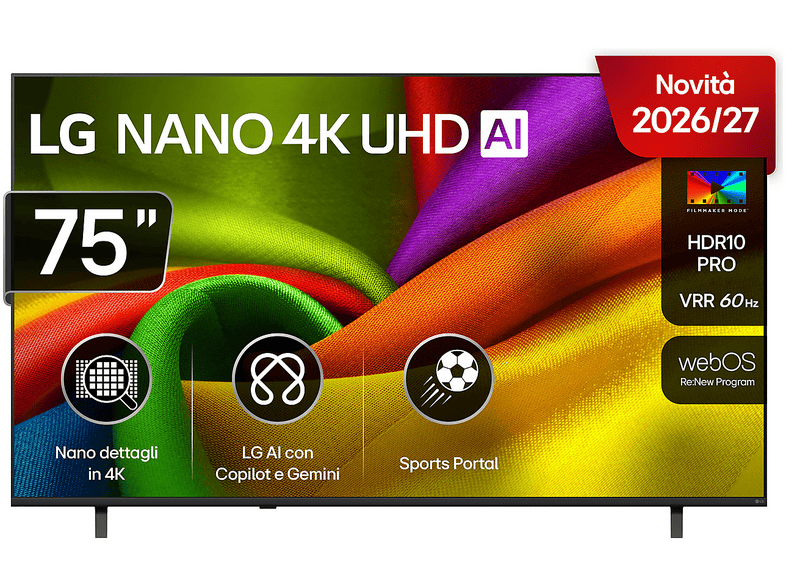 LG NANO 4K UHD AI NU85 75NU850B6LA TV LED, SMART TV, 75 ", Processore a7 Gen9, Charcoal Black, Classe F