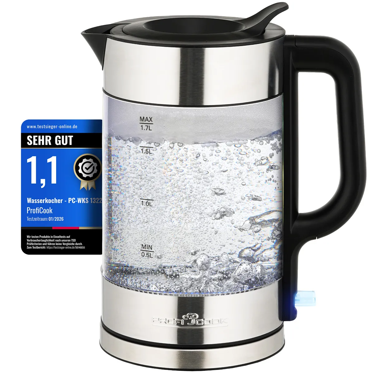 Ein Glas- und Edelstahl-Wasserkocher mit kochendem Wasser und einem Testsieger-Siegel daneben.