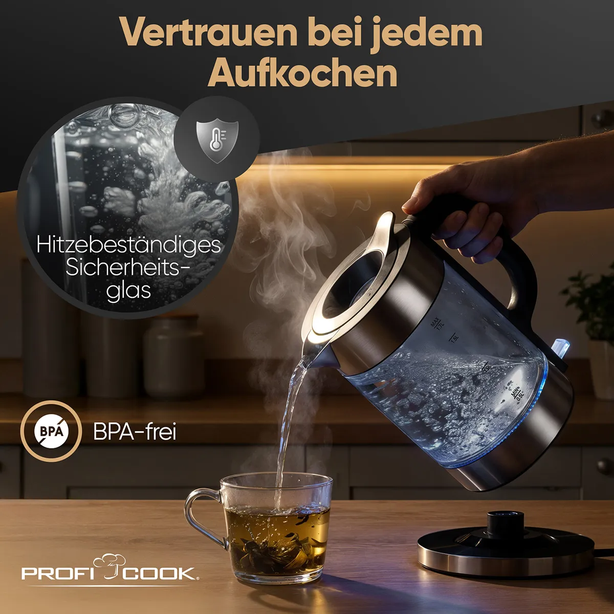Ein Glaswasserkocher gießt heißes Wasser in eine Teetasse, umgeben von Text und Symbolen.
