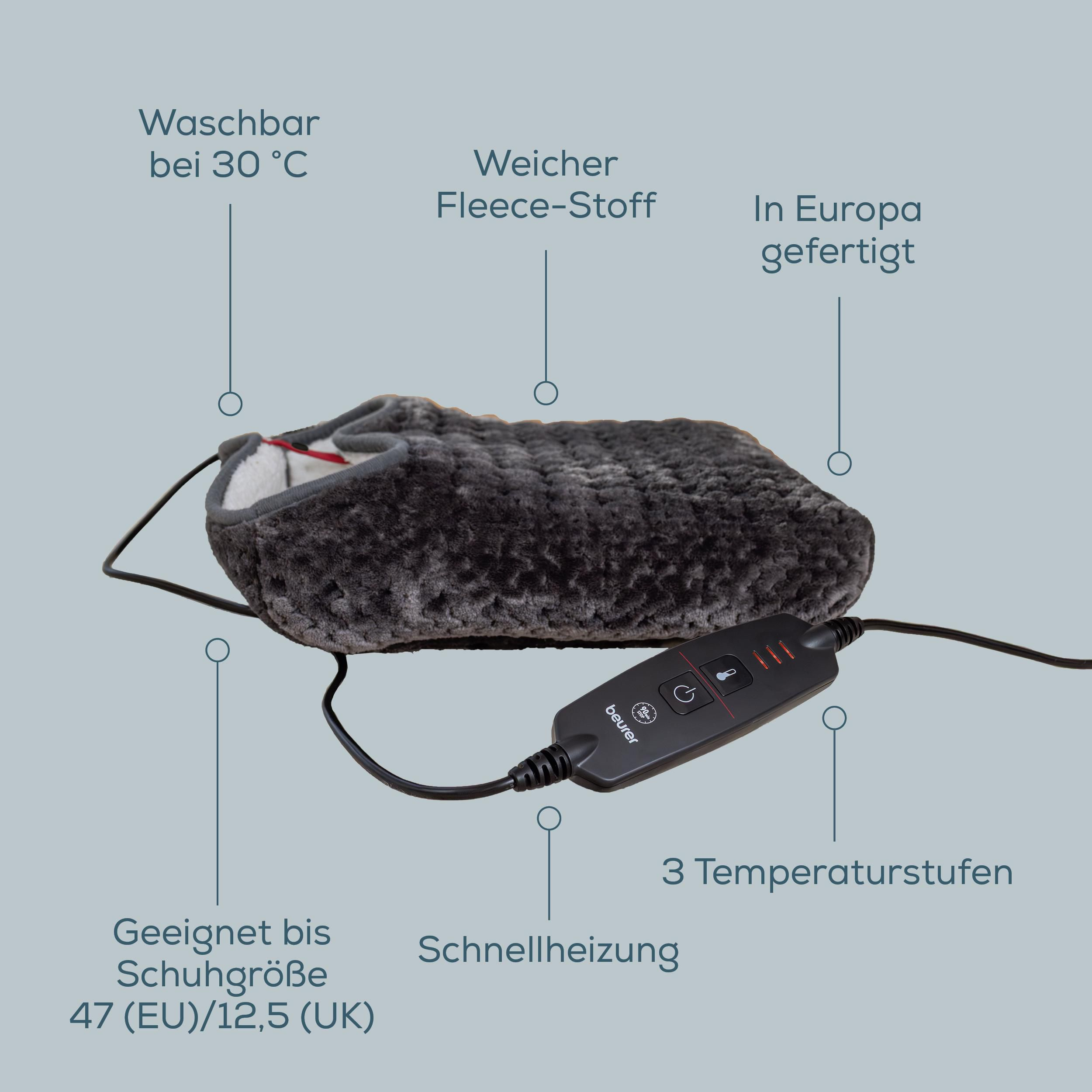 Grauer elektrischer Fußwärmer mit Fernbedienung und deutscher Produktbeschreibung.