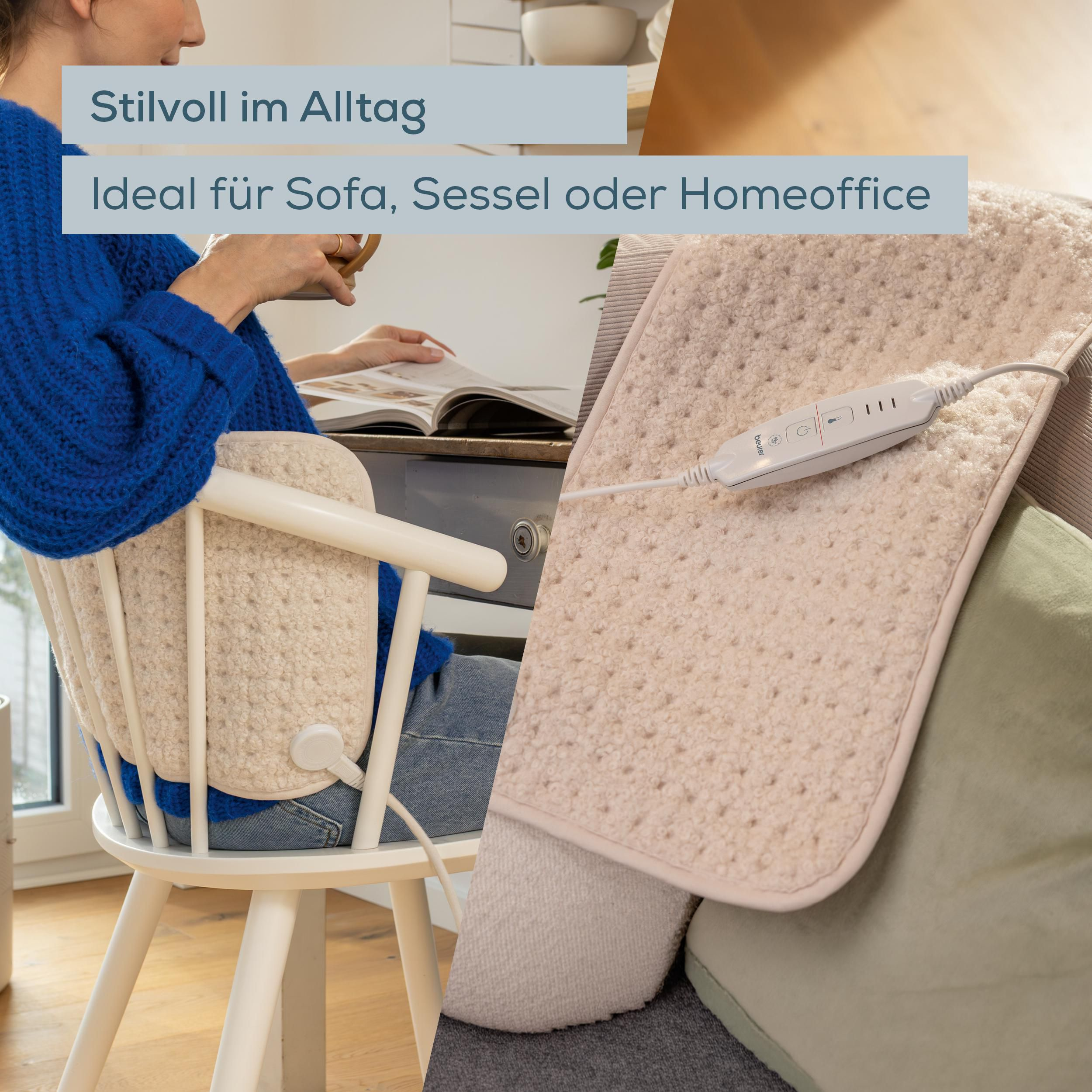 Eine Frau in blauem Pullover sitzt auf einem weißen Stuhl und nutzt ein fluschiges Heizkissen.
