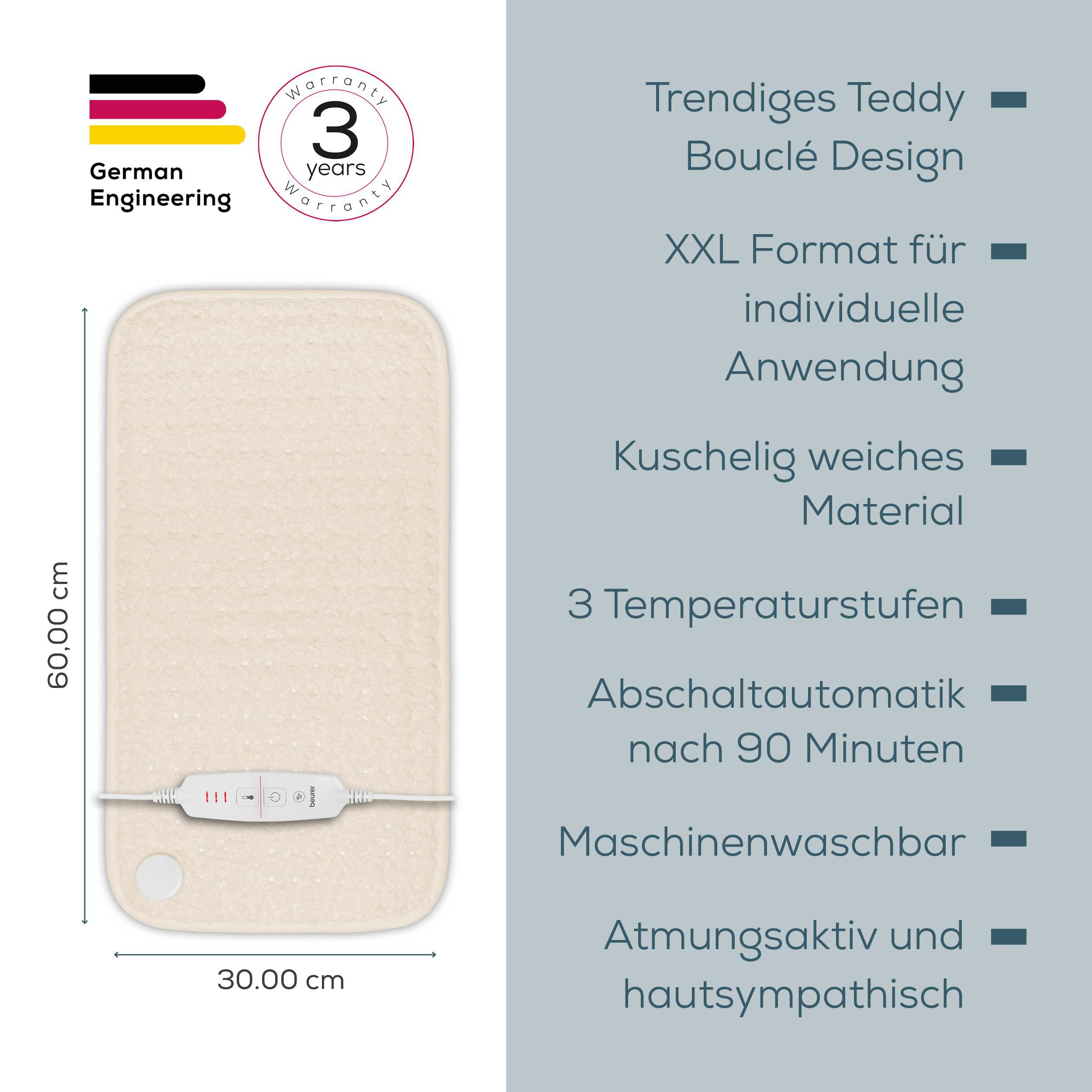 Beige, XXL-Heizkissen mit 3 Temperaturstufen und automatischer Abschaltung auf grauem Hintergrund.
