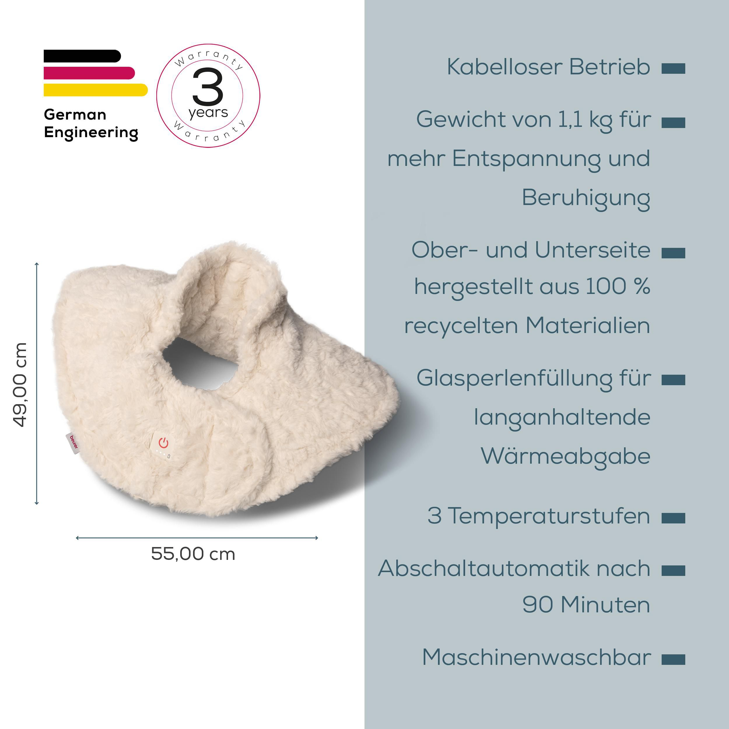 Fluschiges, cremefarbenes Heizkissen mit deutscher Technik, 3 Jahren Garantie und technischen Eigenschaften rechts.