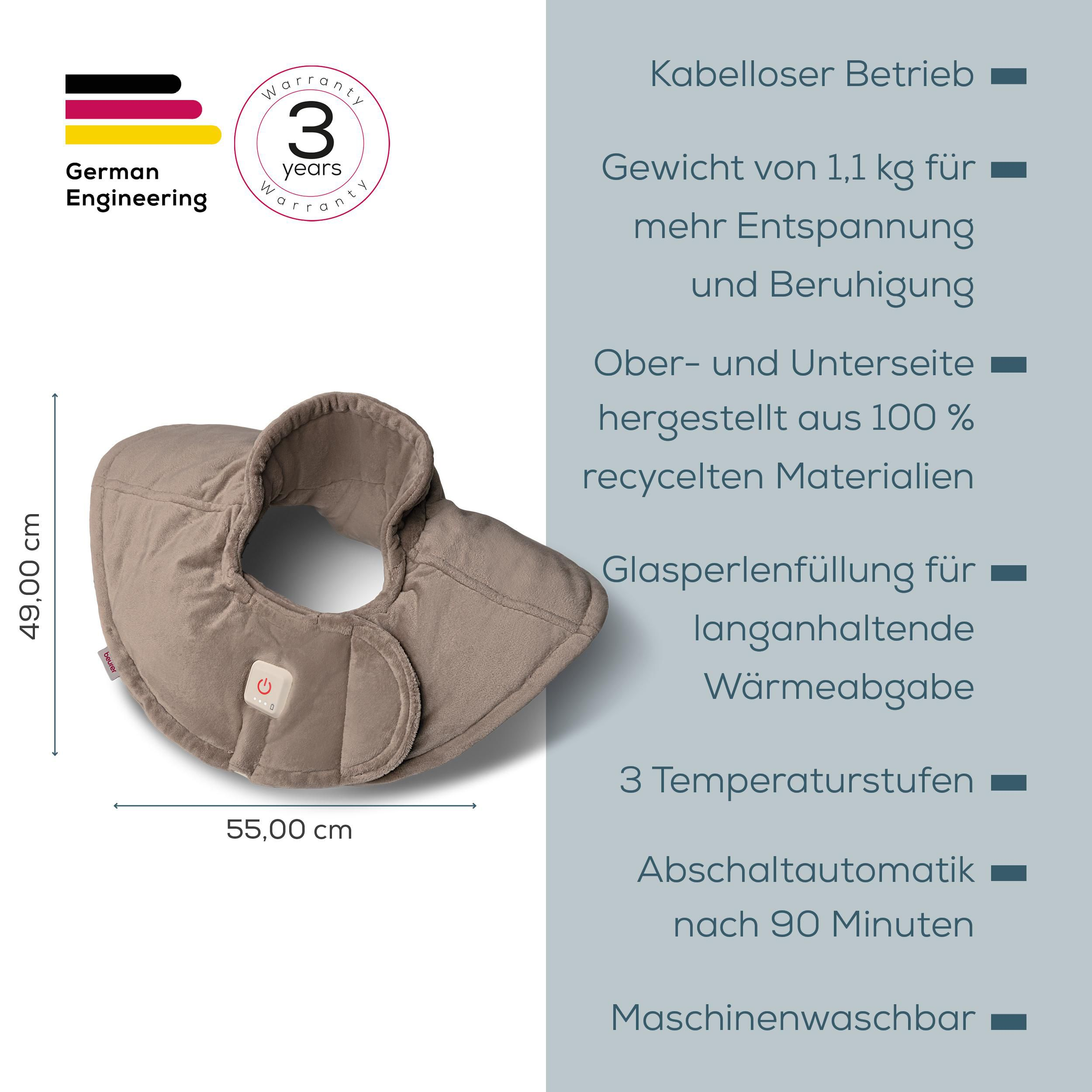 Beigefarbene, kabellose Heizdecke mit 3 Temperaturstufen, Glasperlenfüllung und recycelten Materialien.
