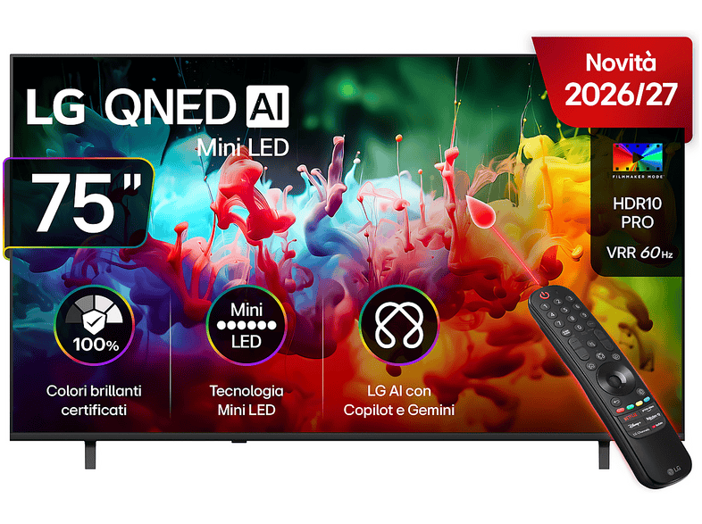 LG QNED MiniLED 75QNED70B6A TV MINI LED, SMART TV, 75 ", QLED, Processore a7 AI 4K Gen9, Charcoal Black, Classe E
