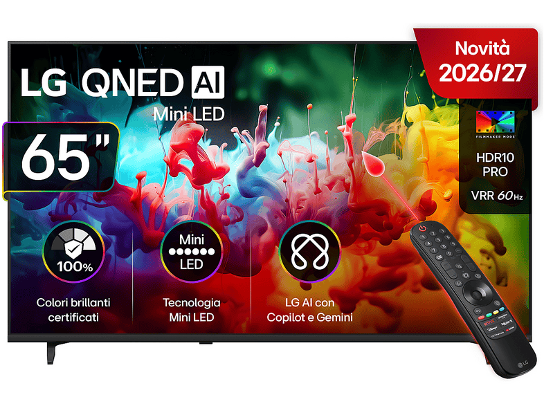 LG QNED MiniLED 65QNED70B6C TV MINI LED, SMART TV, 65 ", Mini Processore a7 AI 4K Gen9, Charcoal Black, Classe E