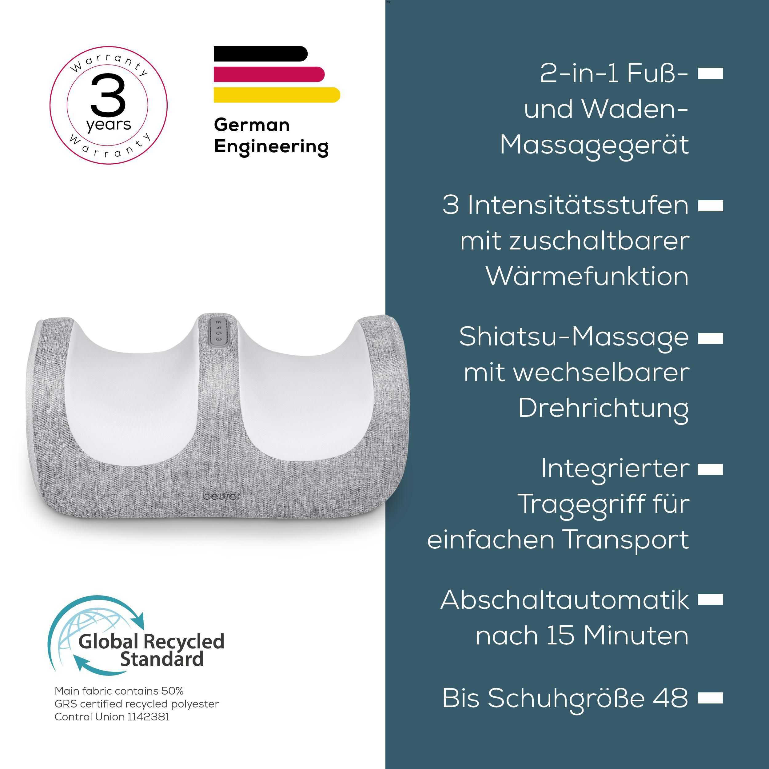 Graues 2-in-1-Fuß- und Wadenmassagegerät mit Wärmefunktion und deutscher Technik.