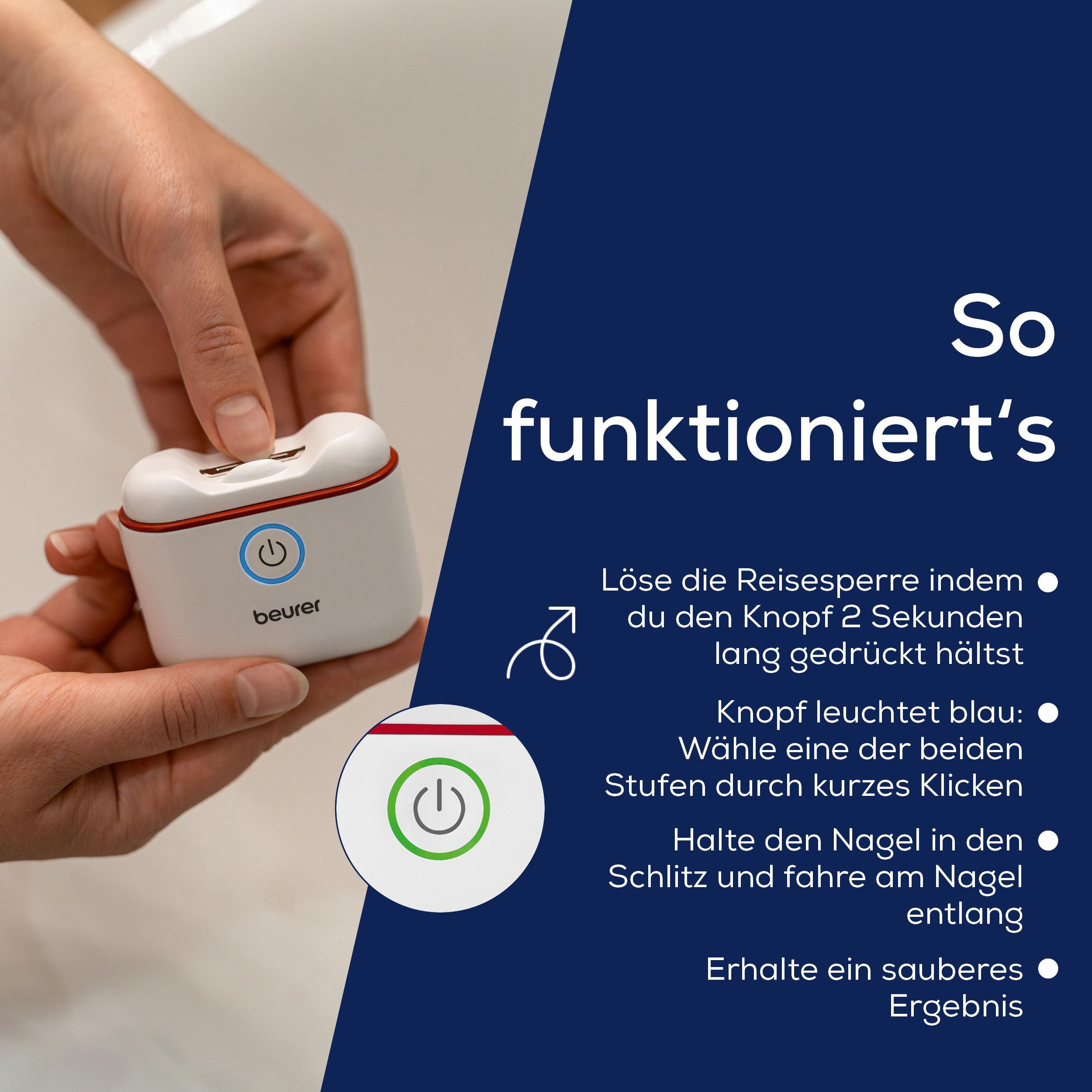 Haende halten ein weisses Beurer Geraet mit blauem Power-Knopf und deutscher Anleitung.