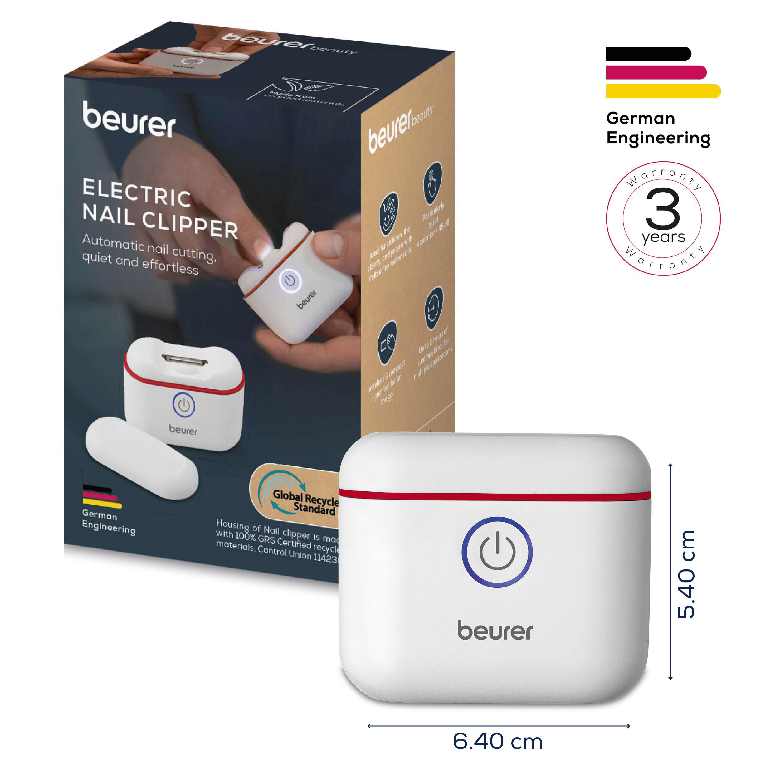 Beurer elektrischer Nagelknipser in weißer Verpackung mit Produktmaßen von 6.40x5.40 cm und deutschem Ingenieurslogo.