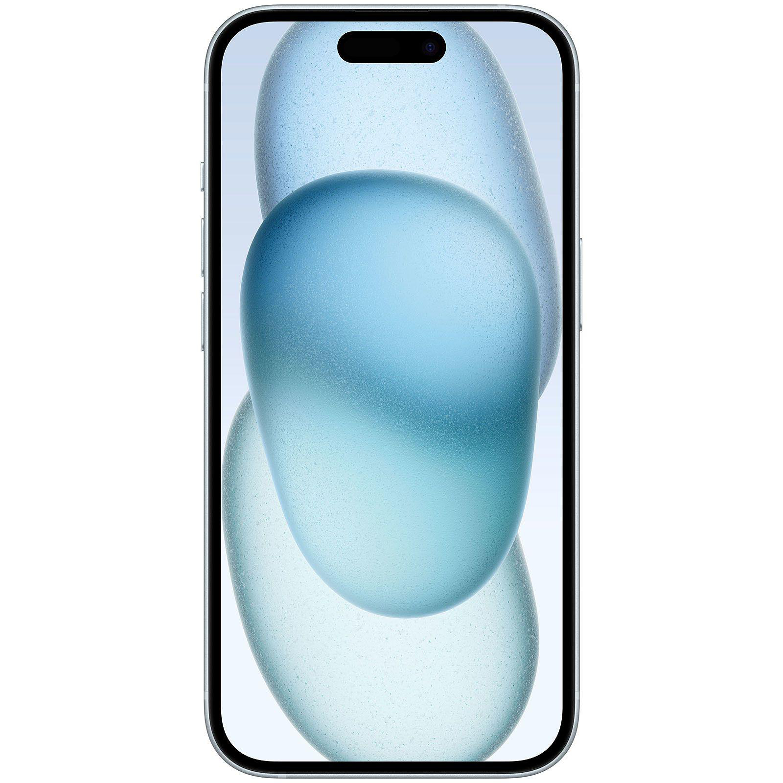 Ein Smartphone zeigt ein lebendiges blaues abstraktes Hintergrundbild auf dem Bildschirm vor weißem Hintergrund.