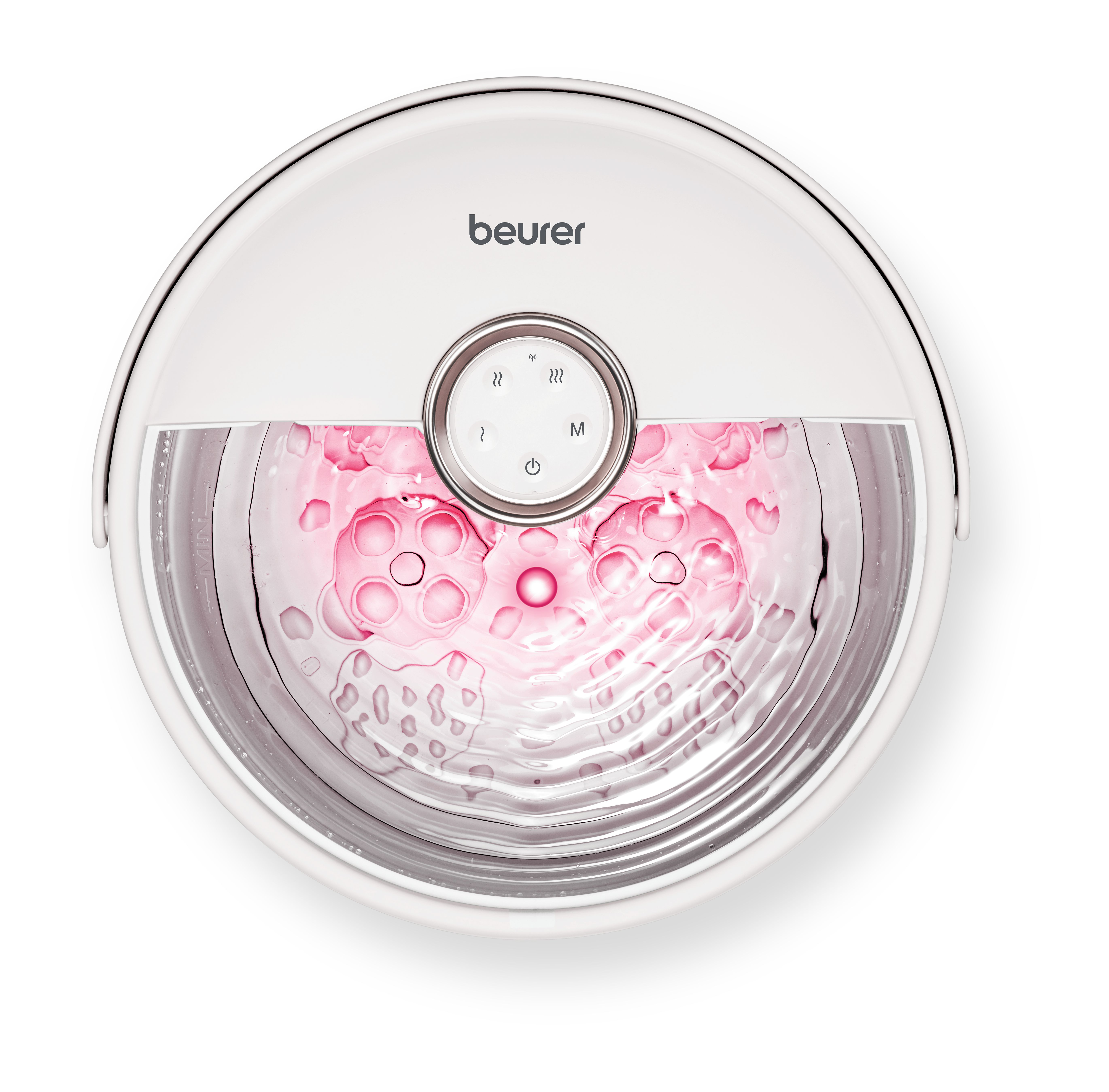 Top-Down-Ansicht eines weißen Beurer Fußsprudelbads mit rosa beleuchtetem Wasser und Touch-Bedienfeld.