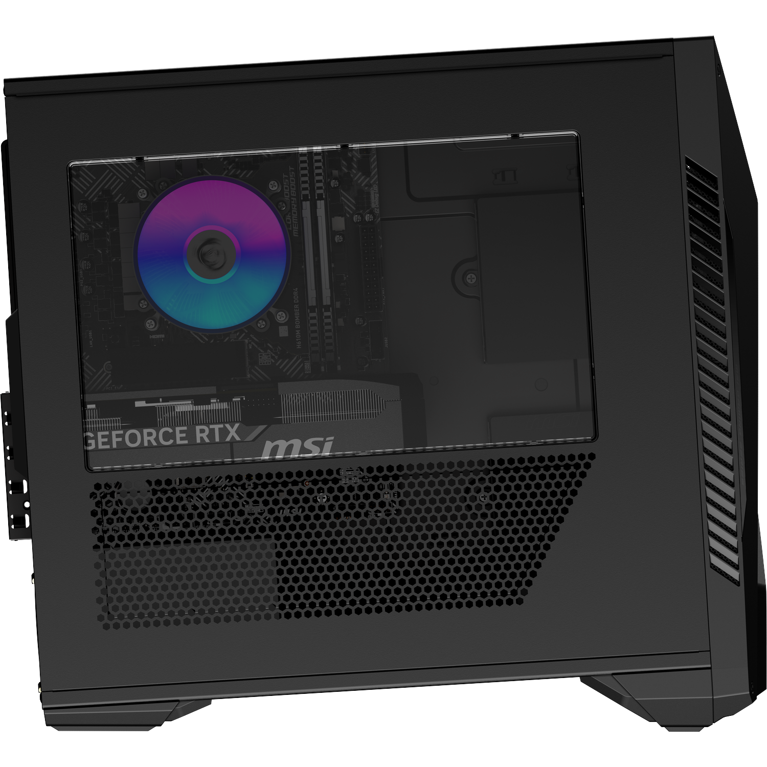 Een zwarte PC-behuizing met een doorzichtige zijkant die een kleurrijke oplichtende ventilator, moederbord en MSI-videokaart onthult.