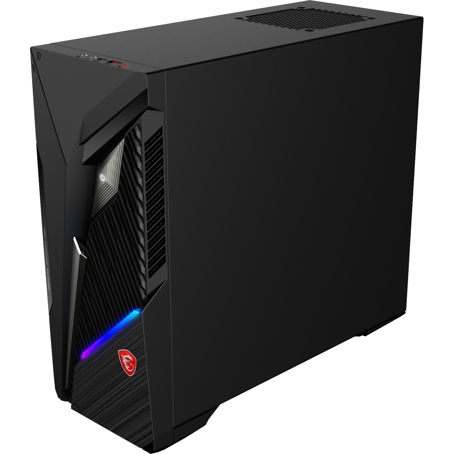 Zwarte MSI gaming PC-behuizing met hoekige ventilatieopeningen en blauwe en rode LED-verlichting.