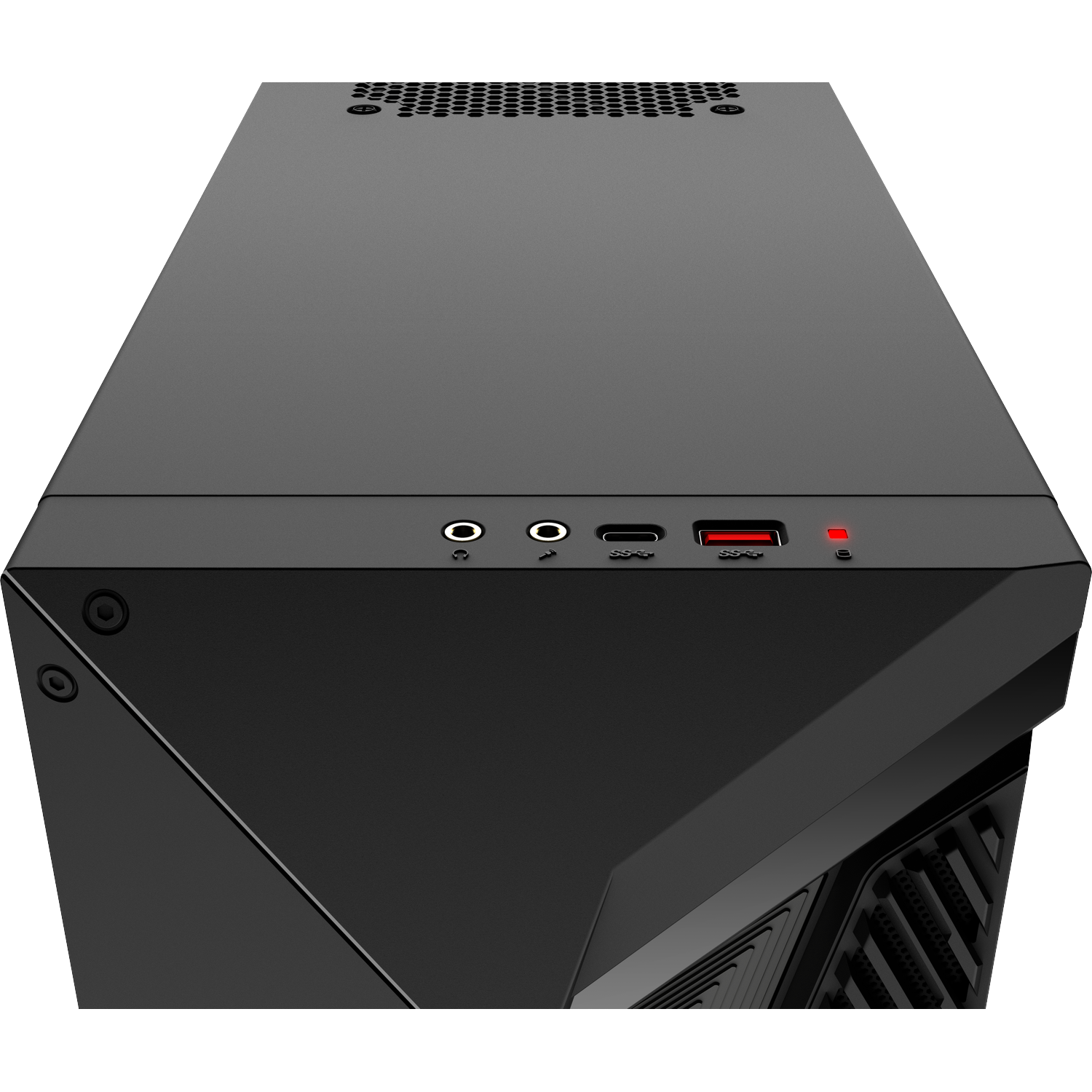 Bovenaanzicht van een zwarte PC-behuizing met poorten en aan/uit-knop op donkere achtergrond.