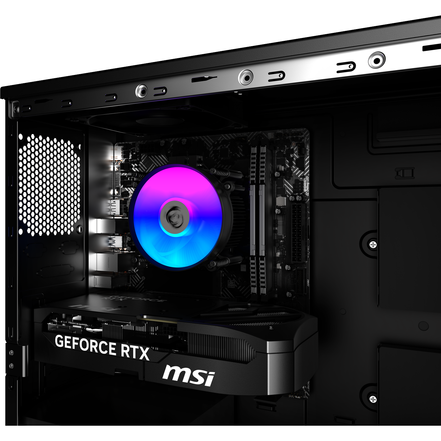 De binnenkant van een computerbehuizing met een verlichte RGB-ventilator en een MSI GeForce RTX videokaart.