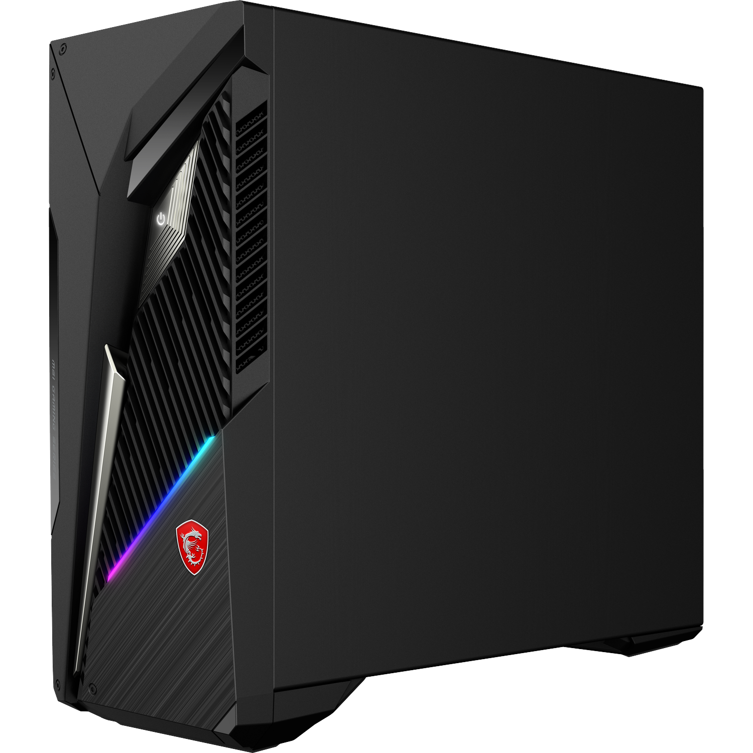 Een zwarte MSI gaming-desktop met schuine ventilatieopeningen, oplichtend drakenlogo en blauw licht.